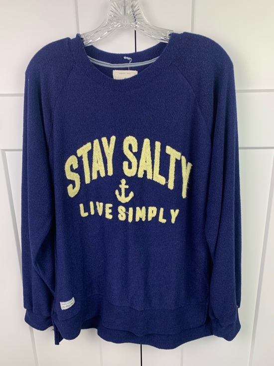 Simply Southern Tops - SIMPLY SOUTHERN Large STAY SALTY Terry Crew LONG SLEEVE SWEATSHIRT Navy Nautical